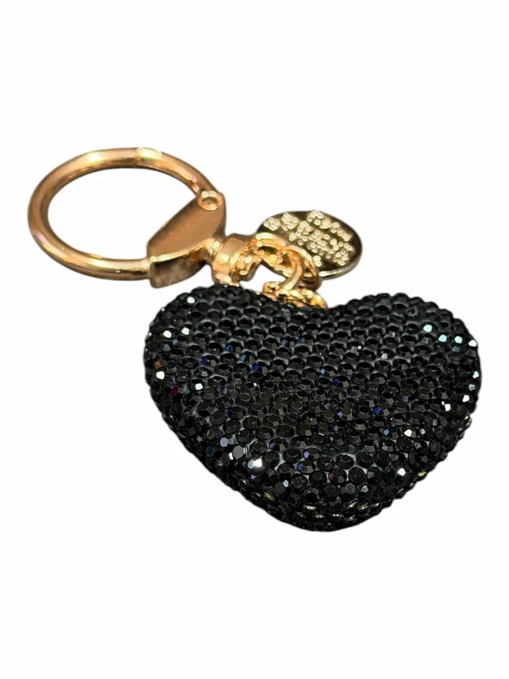 Crystal Heart Keychain Bag Charm - Gold Hardware, Black Crystal Heart
